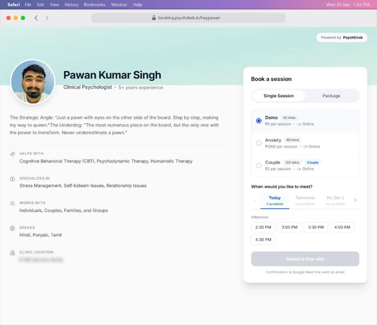Public booking page with the practitioner profile on the left and the booking panel on the right
