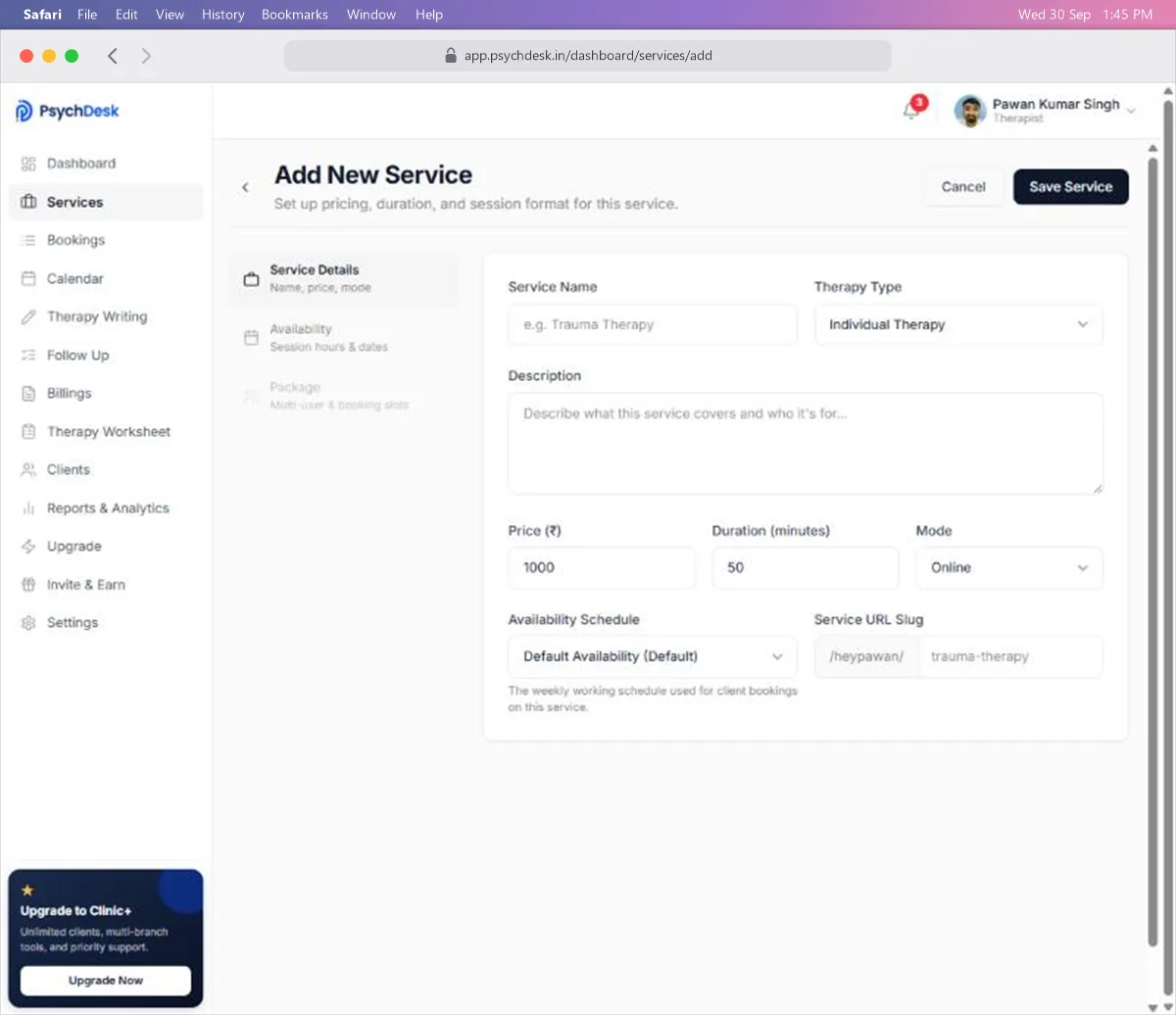 Add New Service form