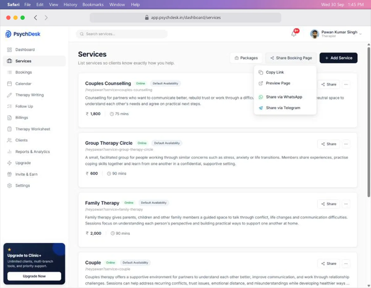 Share Booking Page menu with Copy Link, Preview Page, Share via WhatsApp and Share via Telegram