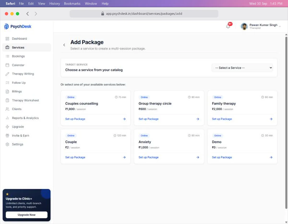 Add Package page with a card for each service to choose from
