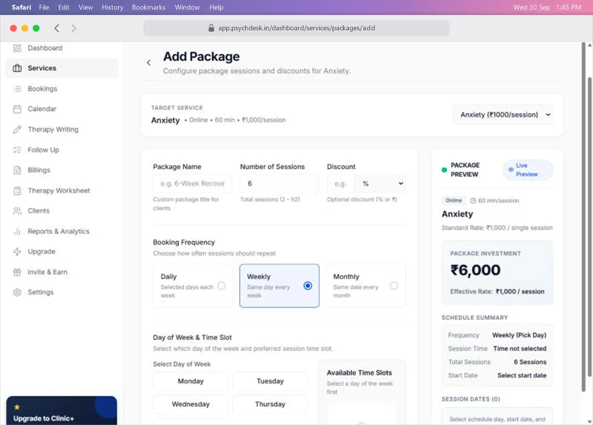 Add Package form with package name, number of sessions, discount and booking frequency