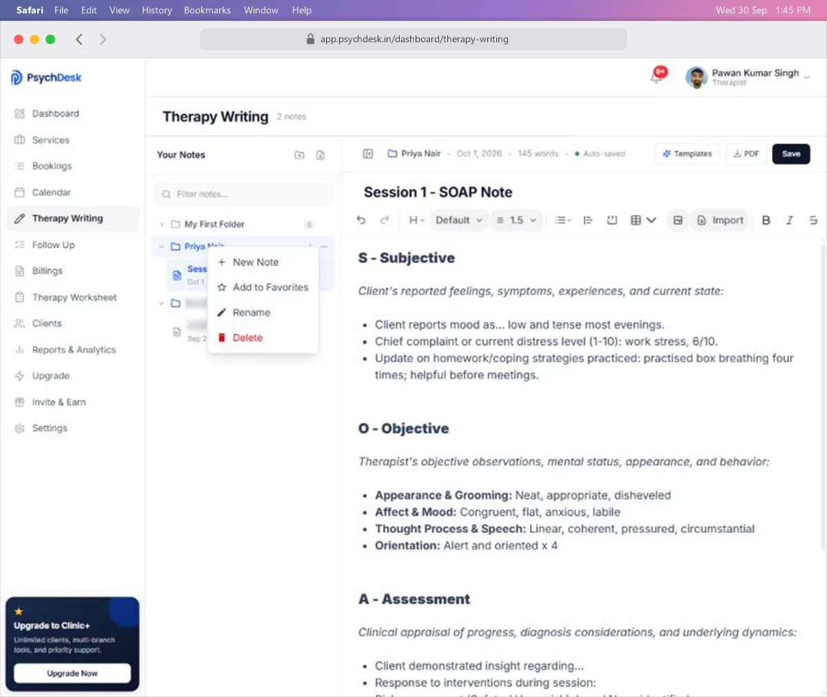 Right-click menu on a client folder with New Note, Add to Favorites, Rename and Delete
