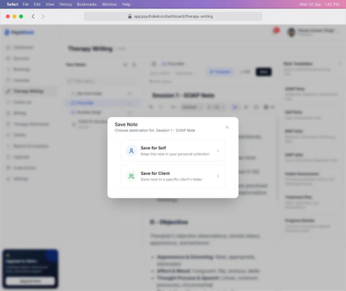 Save Note window with Save for Self and Save for Client