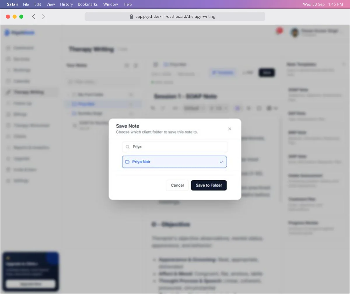 Client list in the Save Note window, with one client selected and Save to Folder ready