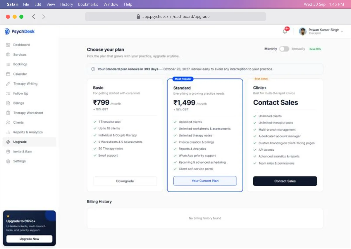 Upgrade page with the Basic, Standard and Clinic+ plans shown with monthly prices