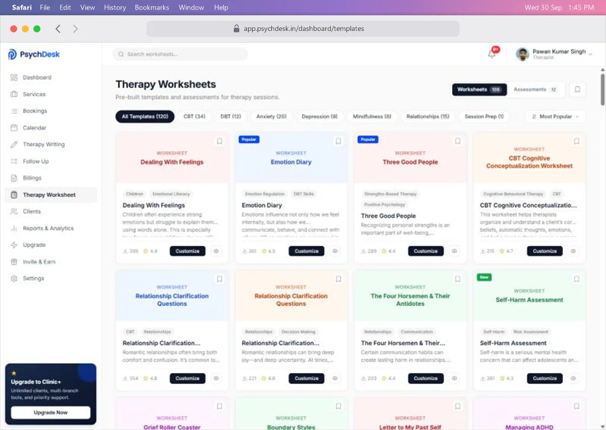 Therapy Worksheets library with category filters and worksheet cards
