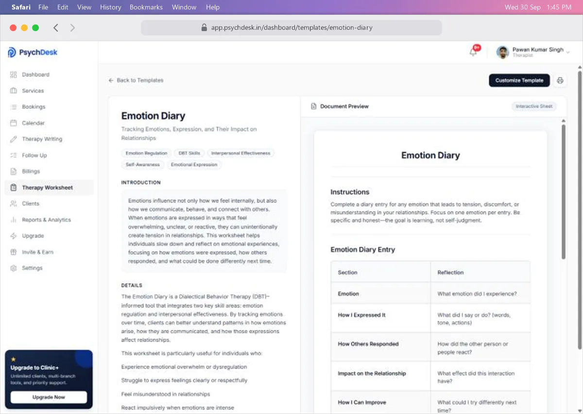 Preview of the Emotion Diary worksheet with its introduction on the left and the document on the right