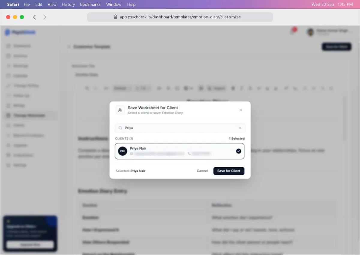 Save Worksheet for Client window with one client selected