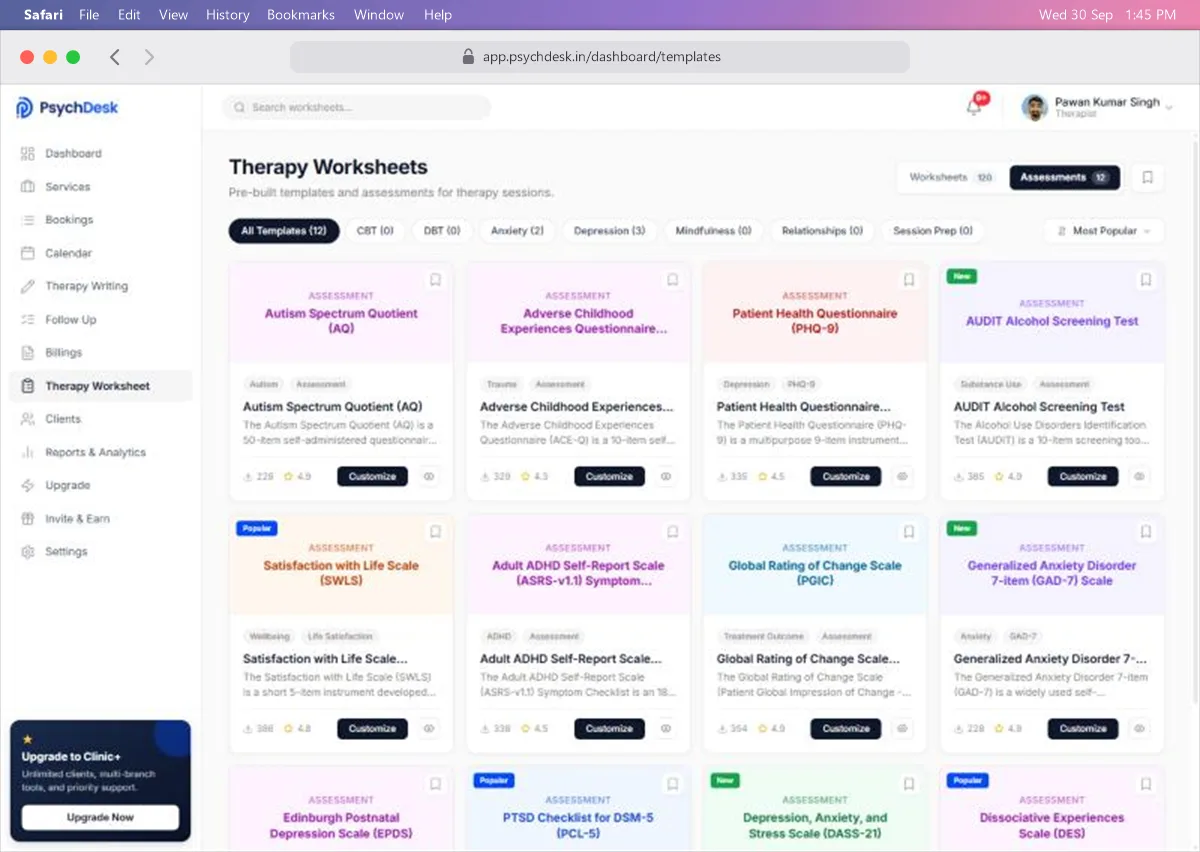 Assessments library with cards for PHQ-9, GAD-7 and other measures
